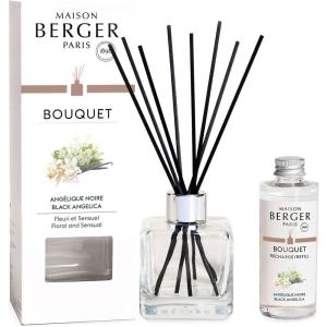 imageMAISON BERGER  Reed Diffuser Clear Glass Scented Bouquet  8 Black Reed Sticks 83 inches  Includes 100 Milliliters 34 Fluid Ounces Fragrance Refill Precious JasmineBlack Angelica