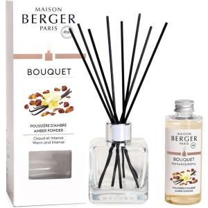 imageMAISON BERGER  Reed Diffuser Clear Glass Scented Bouquet  8 Black Reed Sticks 83 inches  Includes 100 Milliliters 34 Fluid Ounces Fragrance Refill Precious JasmineAmber Powder
